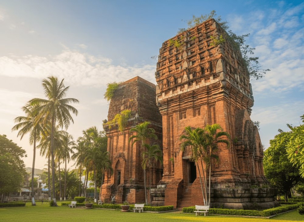 Th&aacute;p đ&ocirc;i Quy Nhơn - biểu tượng văn h&oacute;a của th&agrave;nh phố biển (Nguồn: Internet).